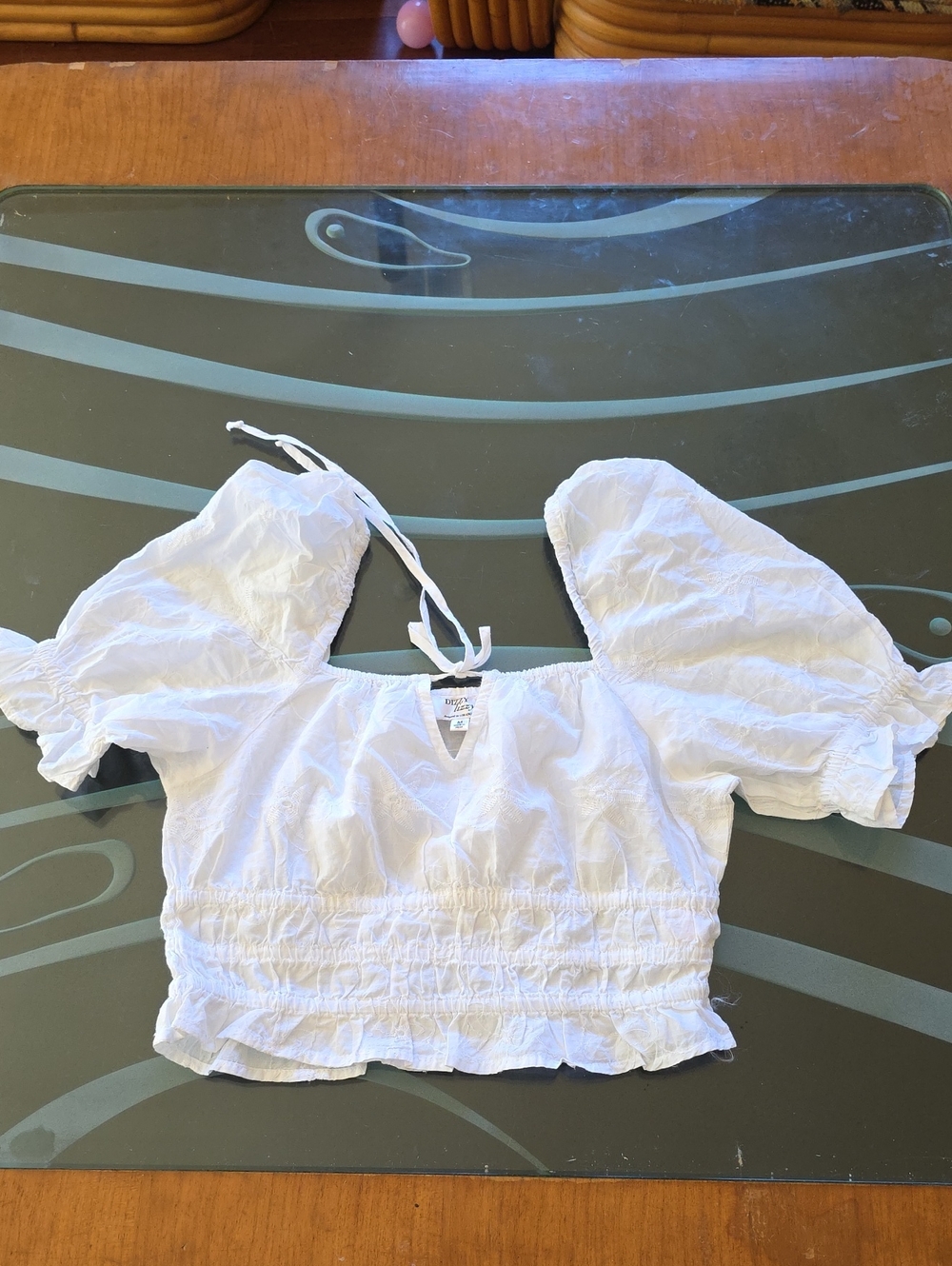 White Puff-Sleeve Smocked Crop Top with Tie Straps